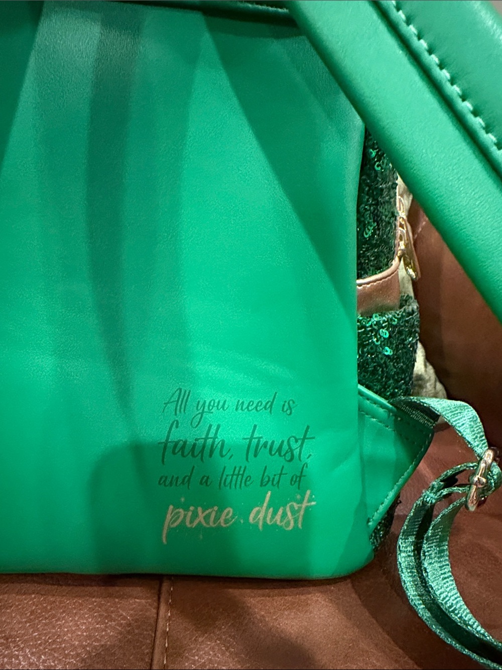 Loungefly Green Sequin Tinker Bell Mini Backpack and Peter Pan Wallet - Picture 6 of 17